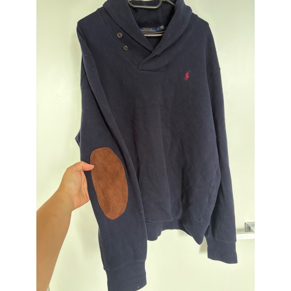 Polo Ralph Lauren Mens Navy Shawl Collar Sweatshirt Elbow Patches Large